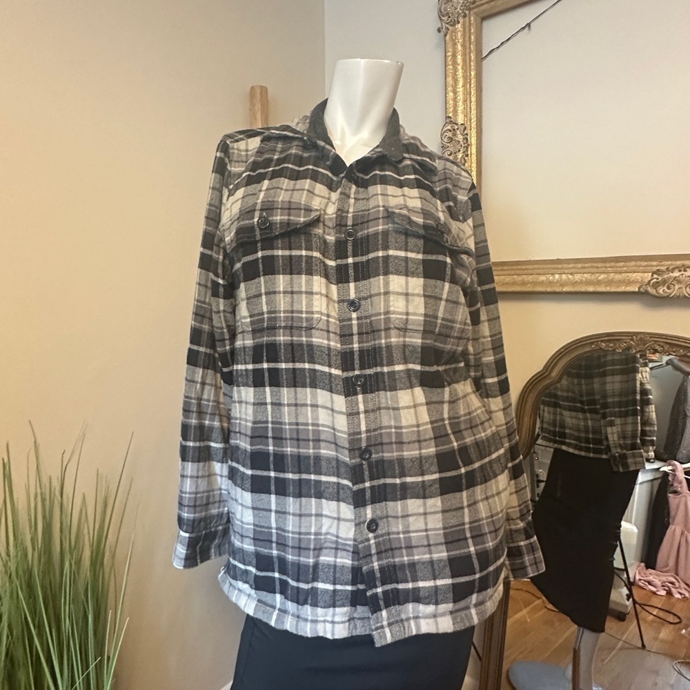 LL BEAN FLANNEL FLEECE LINED Plaid Button-Up Shirt Shacket Black Gray Small